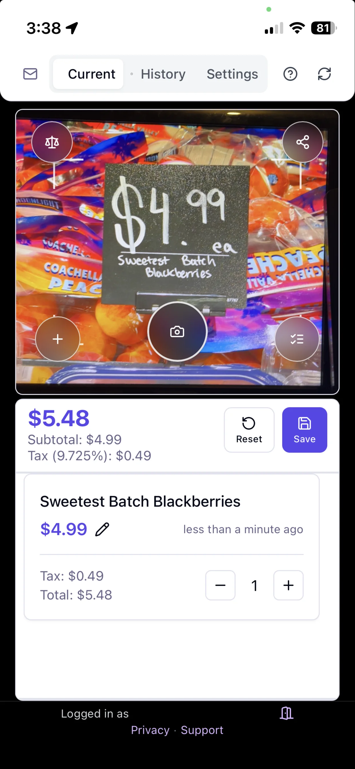 Shelf to Cart iOS screen scanning a grocery shelf price tag and showing a running total