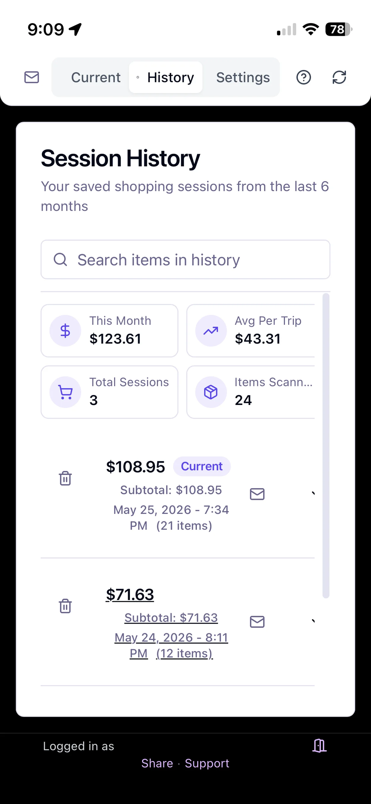 Shelf to Cart iOS session history showing saved shopping sessions and totals
