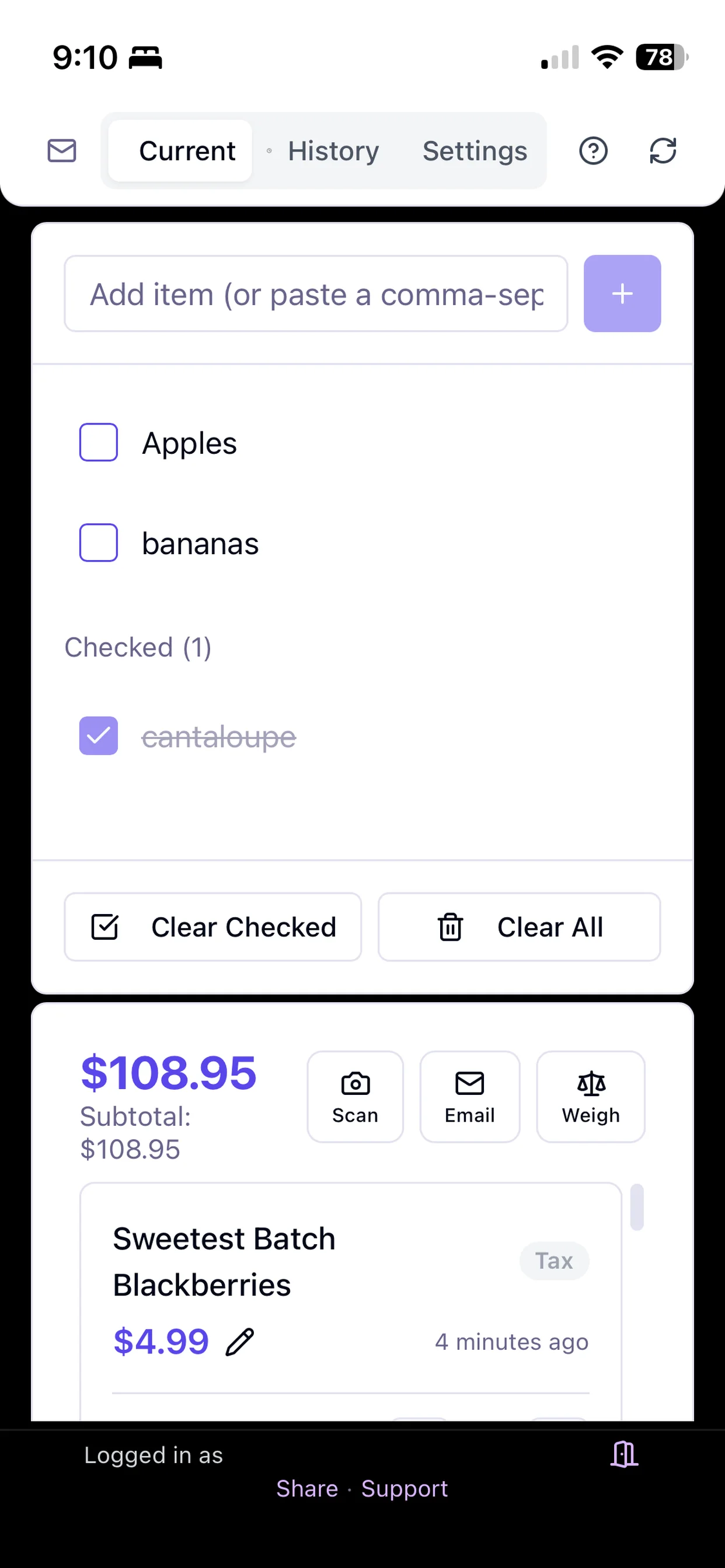 Shelf to Cart iOS shopping list with checked items and the current cart total