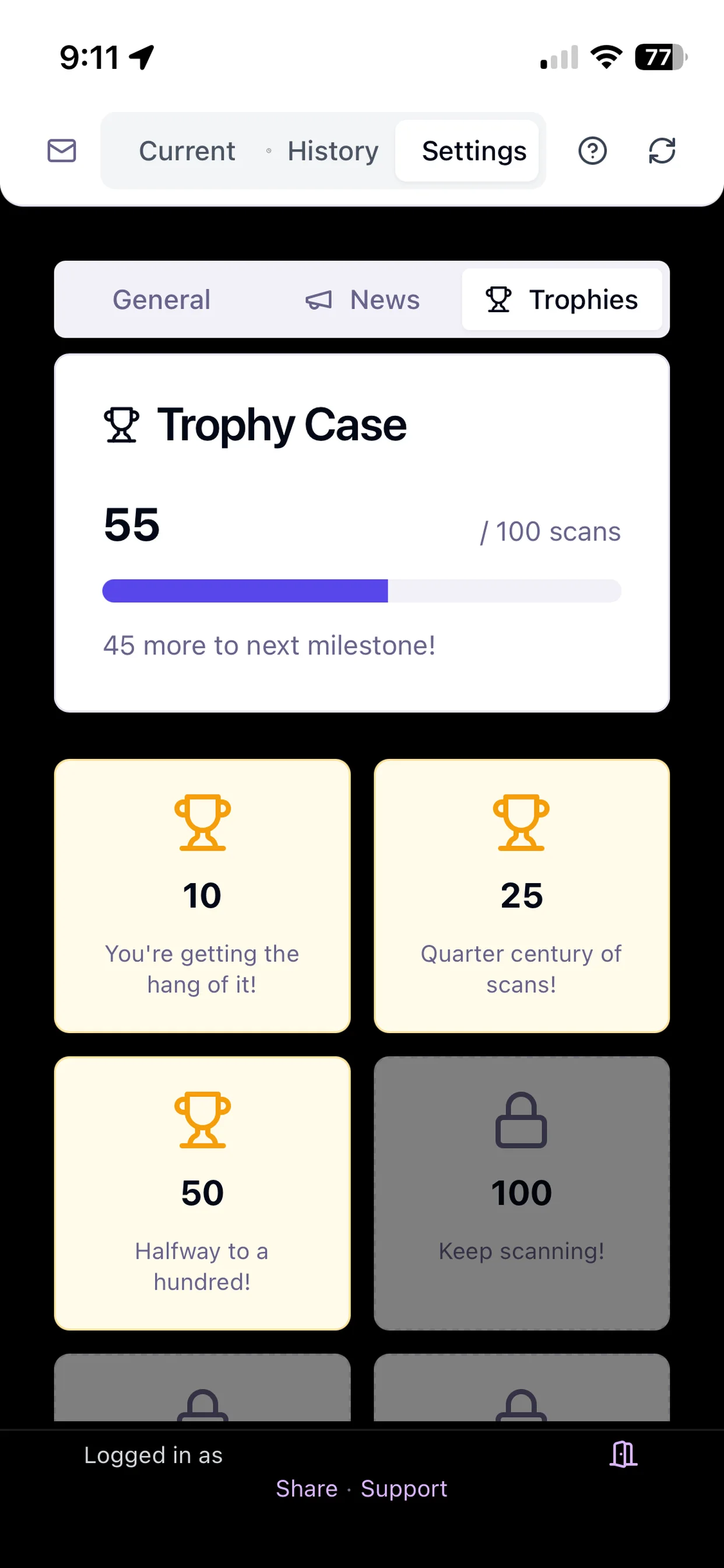 Shelf to Cart iOS trophy case showing scan milestones and progress