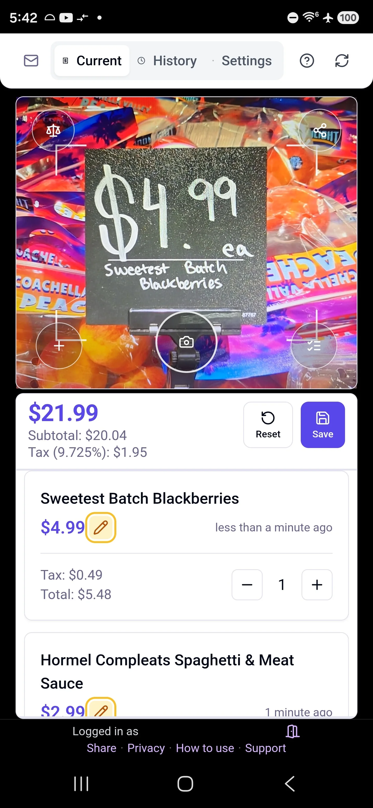 Shelf to Cart web app main screen running in an Android browser
